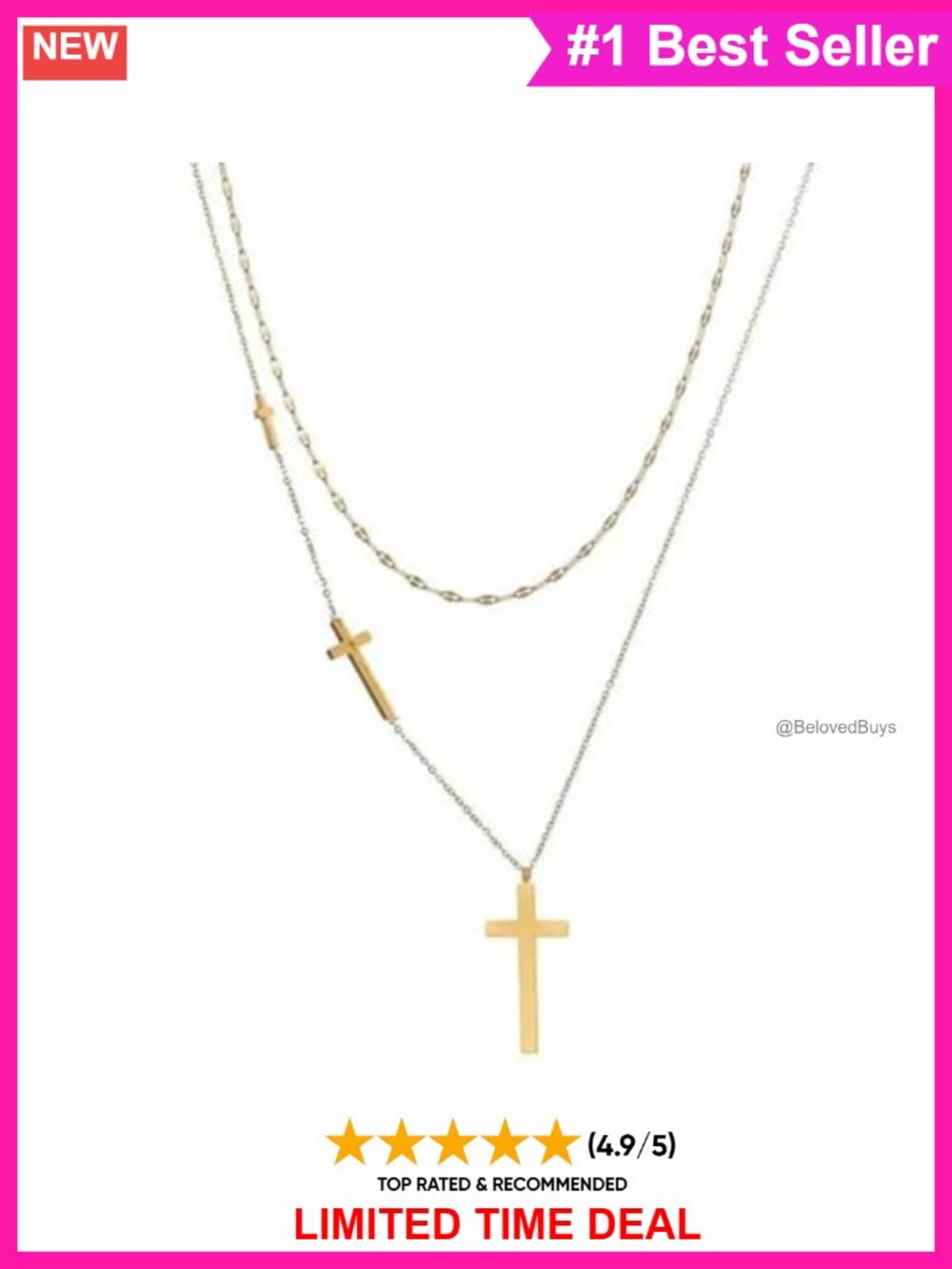 18K Yellow Gold Plated Triple Cross Layered Double Chain Necklace Stainless